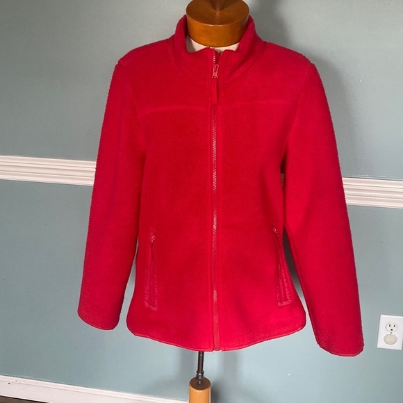 Talbots SHERPA WOVEN TRIM JACKET - SOLID cherry red. Zip up fleece Sz L winter - Picture 1 of 10